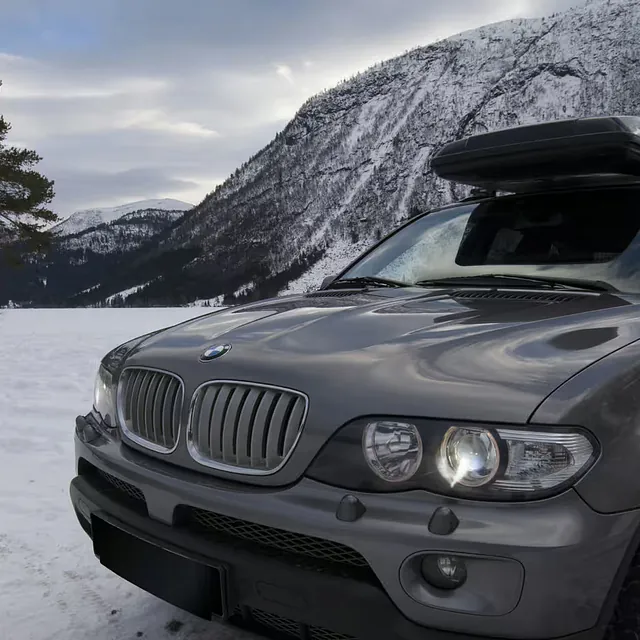 BMW SUV med takboks i vinterlandskap